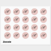 Fancy Script Calligraphy Blush en Black Monogram Ronde Sticker (Vel)