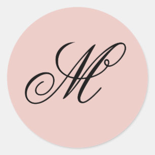 Fancy Script Calligraphy Blush en Black Monogram Ronde Sticker