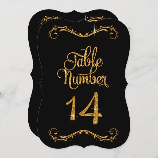 Fancy script Glitter Table Number 14 Recepties Kaart (Voorkant / Achterkant)