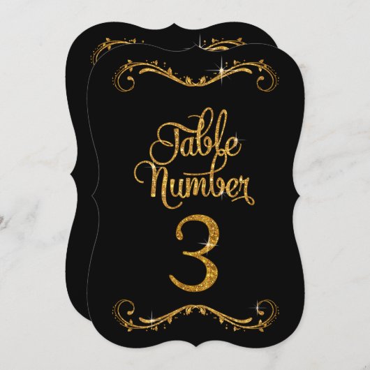 Fancy script Glitter Table Number 3 Recepties Kaart (Voorkant / Achterkant)