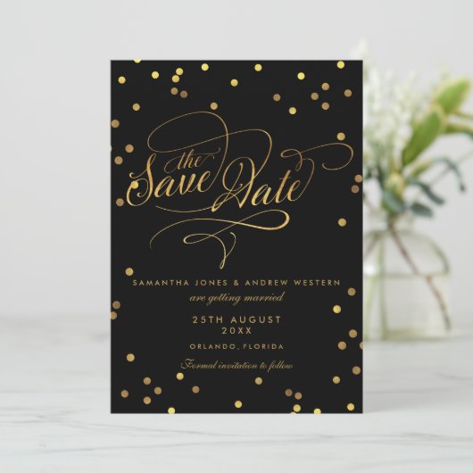 Fancy Script Gouden Confetti Trouw Save The Date (Staand voorkant)