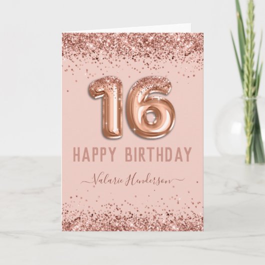 Fancy script roze glitter Happy 16th Birthday Kaart (Voorkant)