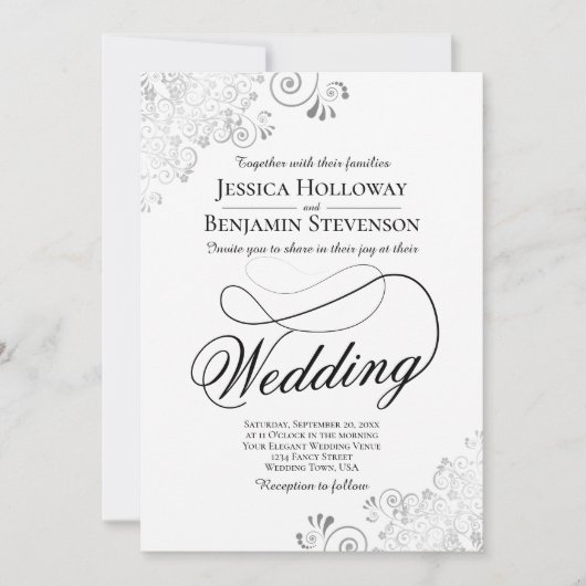 Fancy Script with Flourish Silver & White Wedding Kaart (Voorkant)