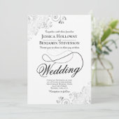 Fancy Script with Flourish Silver & White Wedding Kaart (Staand voorkant)