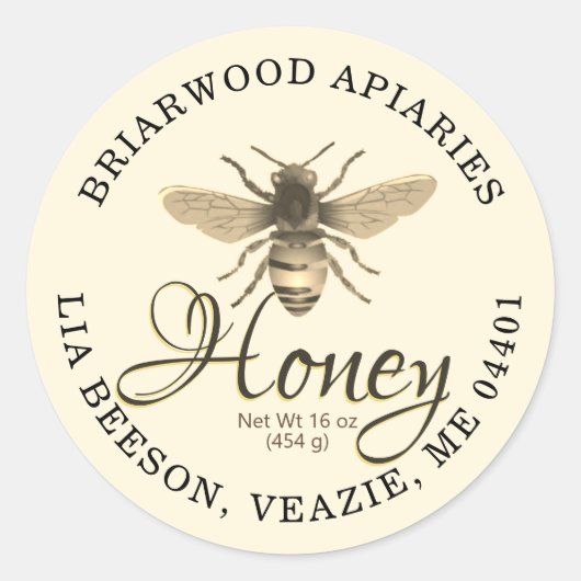 Fancy scriptbewerkbare ivory-honinglabel met bijen ronde sticker (Voorkant)