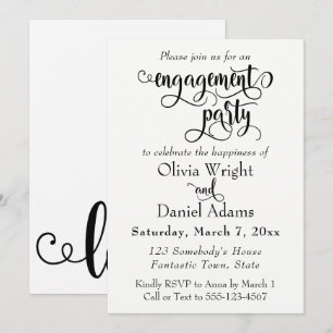 Fancy scriptletters Black White Engagement Party Kaart