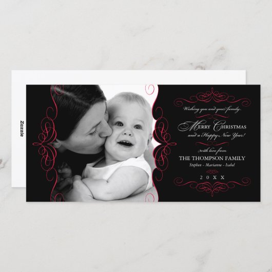 Fancy Scroll Black & Red Kerstkaart (Voorkant / Achterkant)