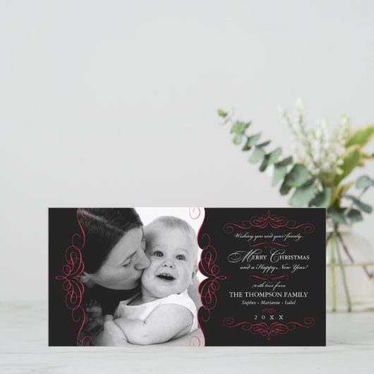 Fancy Scroll Black & Red Kerstkaart (Staand voorkant)