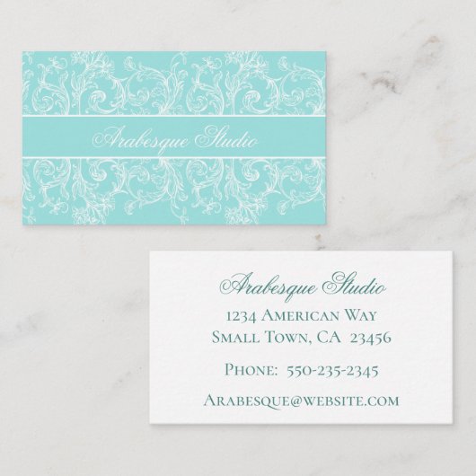 Fancy Scrollwork Blanc sur Carte de visite bleu (Devant / Derrière)