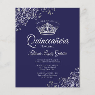 Fancy Silver & Navy BUDGET Quinceañera Uitnodiging