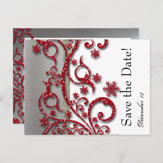Fancy Silver Red Glitter Save the Date Aankondigingskaart (Voorkant / Achterkant)