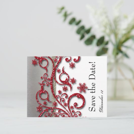 Fancy Silver Red Glitter Save the Date Aankondigingskaart (Staand voorkant)
