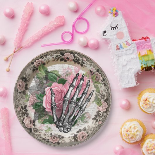 Fancy Skelet Hand met Rozen Halloween Papieren Bordje (Feest)