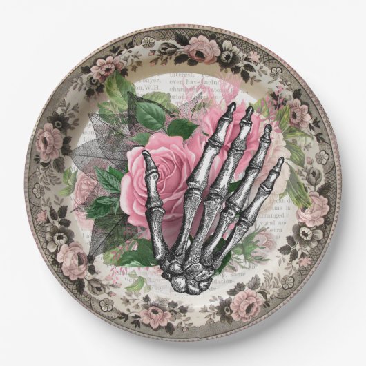 Fancy Skelet Hand met Rozen  Halloween Papieren Bordje (Voorkant)