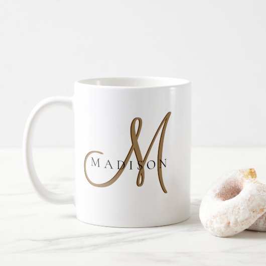 Fancy Stijlvol Zwart en Goud Monogram Script Koffiemok (Met donut)