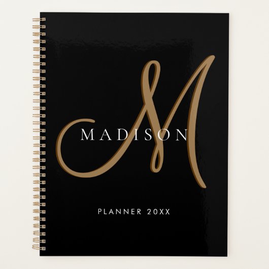 Fancy Stijlvol Zwart en Goud Monogram Script Planner (Voorkant)