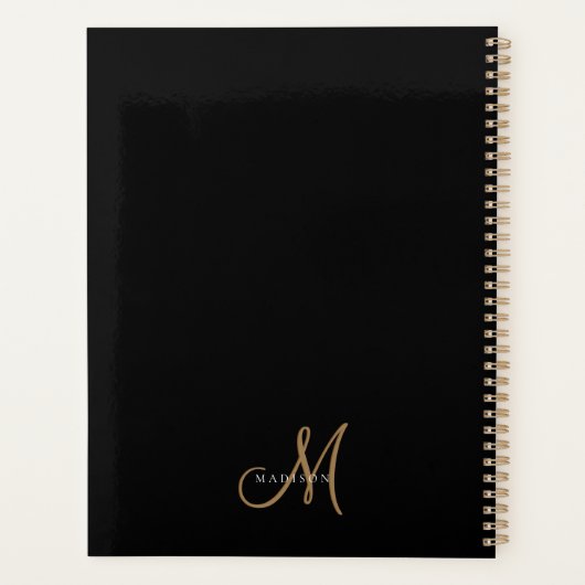 Fancy Stijlvol Zwart en Goud Monogram Script Planner (Achterkant)