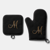 Fancy Stijlvol Zwart Goud Monogram Script Ovenwant & Pannenlap Set (Voorkant)