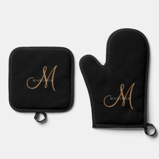 Fancy Stijlvol Zwart Goud Monogram Script Ovenwant & Pannenlap Set (Voorkant)