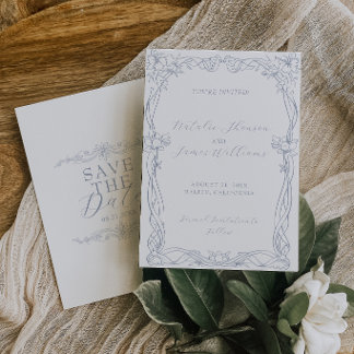 Fancy Stofblauwe Retro Botanische Oude Geld Huweli Save The Date