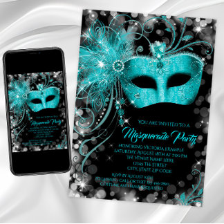 Fancy Turquoise Blauwe Glitter Maskerade Feest Kaart