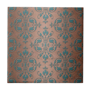 Fancy turquoise over bruinachtig koperen damast tegeltje