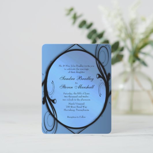 Fancy uitnodiging voor blauwe bruiloft (Staand voorkant)