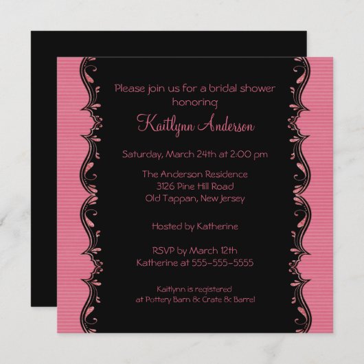 Fancy uitnodiging voor zwarte & roze sierstrip in (Voorkant / Achterkant)