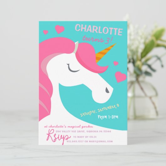 Fancy Unicorn Anniversaire Invitation (Debout devant)