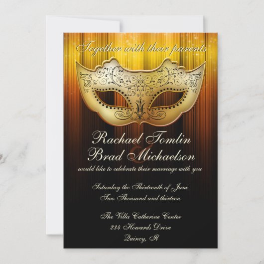 Fancy Vlourish Gold Masquerade Wedding Invite Kaart (Voorkant)