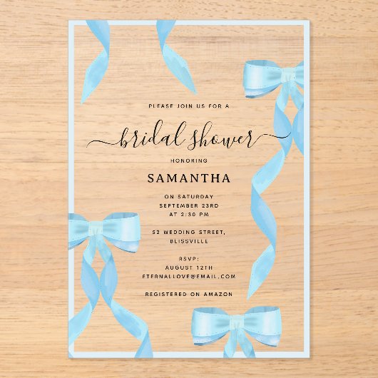 Fancy Waterverf Blue Bow Formal Vrijgezellenfeest Acryl Uitnodigingen (Voorkant)