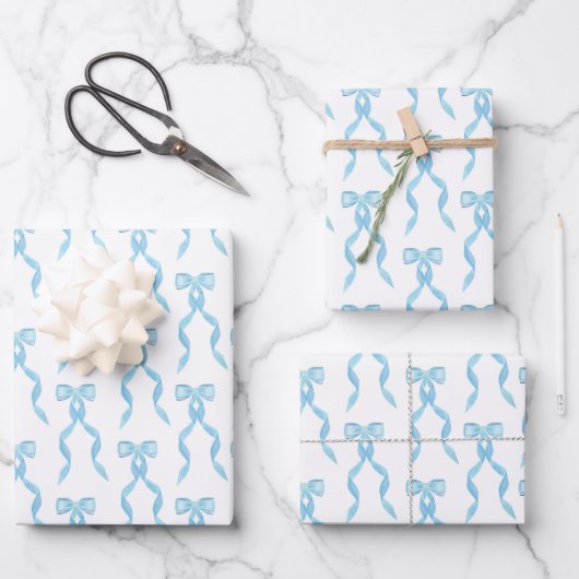Fancy Waterverf Blue Bow Pattern Inpakpapier Vel (Voorkant)