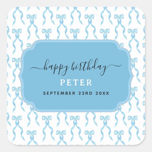 Fancy Waterverf Blue Bow Pattern Vierkante Sticker (Voorkant)