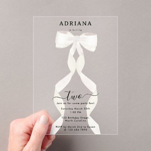 Fancy Waterverf White Bow Formal Birthday Acryl Uitnodigingen (Insitu (Draagbaar))