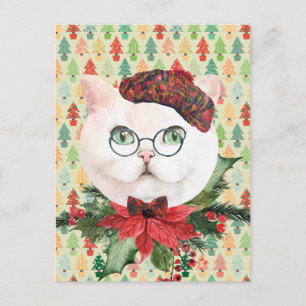 Fancy White Cat & Poinsettia Holiday Briefkaart