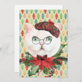 Fancy White Cat & Poinsettia Holiday Kaart (Voorkant / Achterkant)