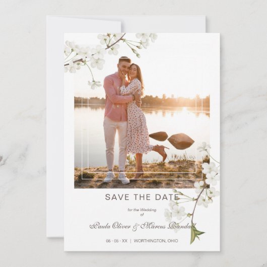 Fancy White Cherry Blossom Photo Couple Save The Date (Voorkant)