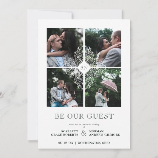 Fancy White Flourish Lace Effect 4 Photos Wedding Save The Date (Voorkant)