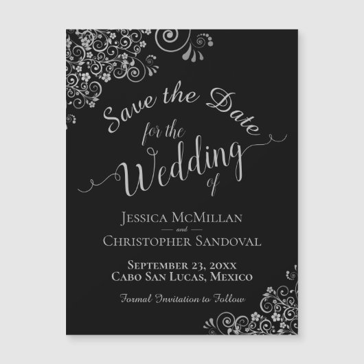 Fancy Zilver op Zwarte Bruiloft Bewaar de Datummag (Voorkant)