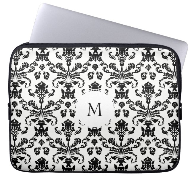 Fancy zwart Damask Monogram Laptop Sleeve (Voorkant)