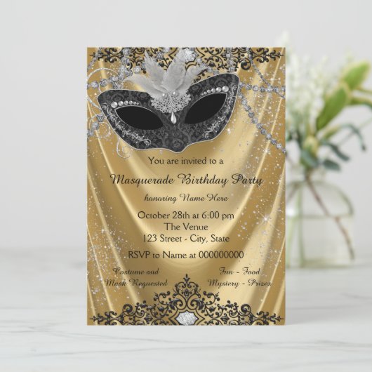 Fancy Zwart en Goud Masquerade Party Kaart (Staand voorkant)