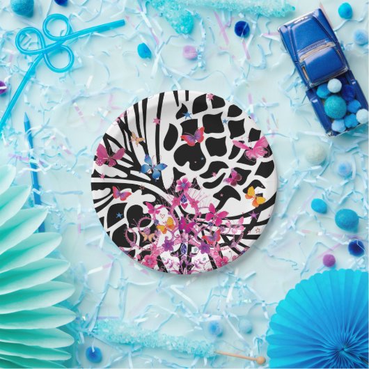 Fancy zwart-wit bloemen vlinderpapier Bord (Feest)