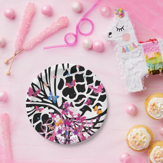 Fancy zwart-wit bloemen vlinderpapier Bord (Feest)