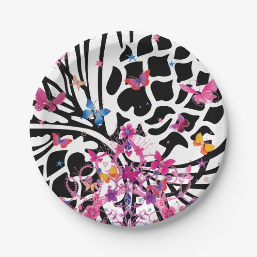 Fancy zwart-wit bloemen vlinderpapier Bord (Voorkant)