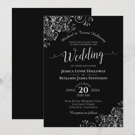 Fancy Zwart & Zilver Elegant Formele Bruiloft Kaart (Voorkant / Achterkant)