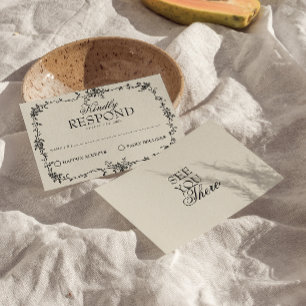 Fancy Zwarte Crème Bloemrijke Boho Trouw RSVP Kaartje