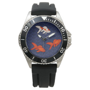 Fantail Goldfish op Seigaiha Wave Pattern Japans Horloge