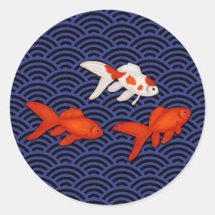 Fantail Goldfish op Seigaiha Wave Pattern Japans Ronde Sticker