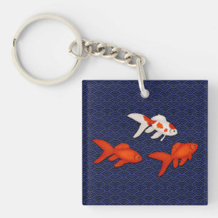 Fantail Goldfish op Seigaiha Wave Pattern Japans Sleutelhanger