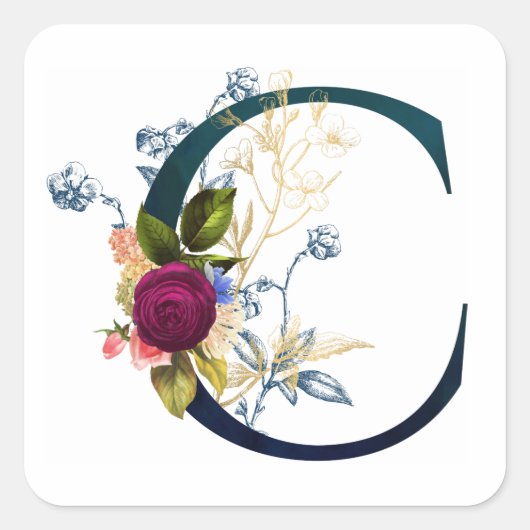 Fantasie Bloemletter 'C' Vierkante Sticker (Voorkant)